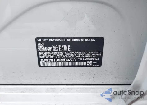 2024 BMW 330E from USA, damaged, VIN 3MW39FF0XR8E66533